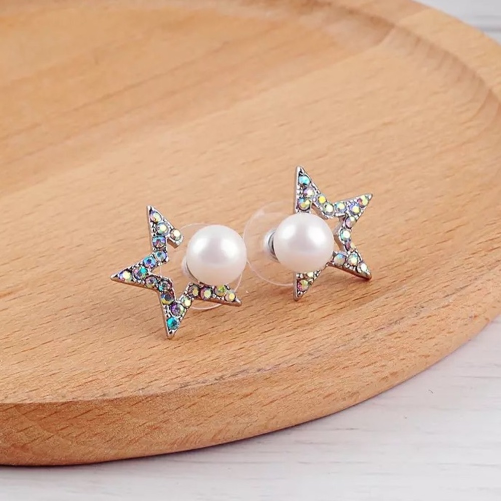 Crystal Star Pearl Stud Earrings